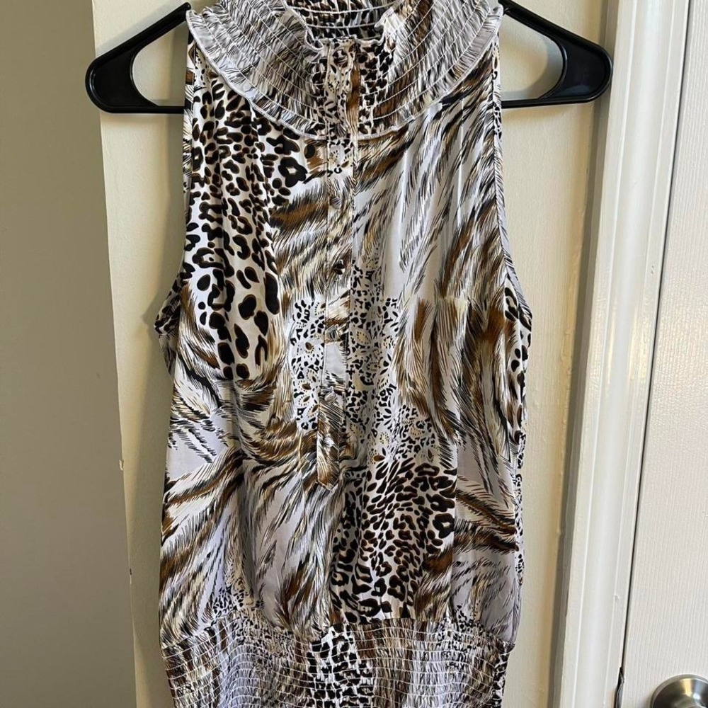 Animal Print Smocked Mock Neck Sleeveless Blouse Button Front Brown White S